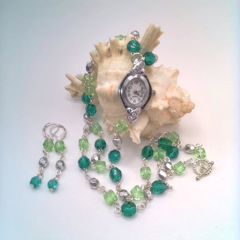 Green Crystal Glass Bead and Silver Bead Fob Watch and Earrings, Gift for Her