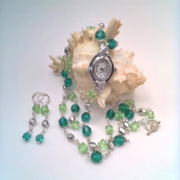 Green Crystal Glass Bead and Silver Bead Fob Watch and Earrings, Gift for Her
