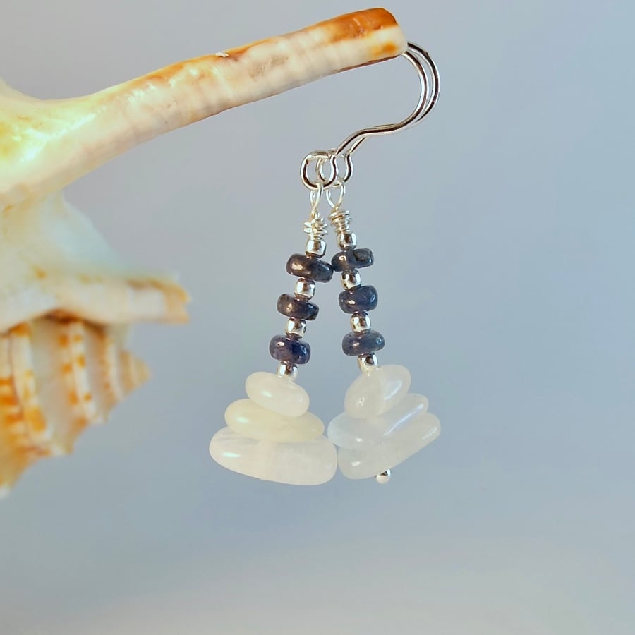 Real Sapphire, Moonstone & Sterling Silver Earrings, September Birthstone Gift