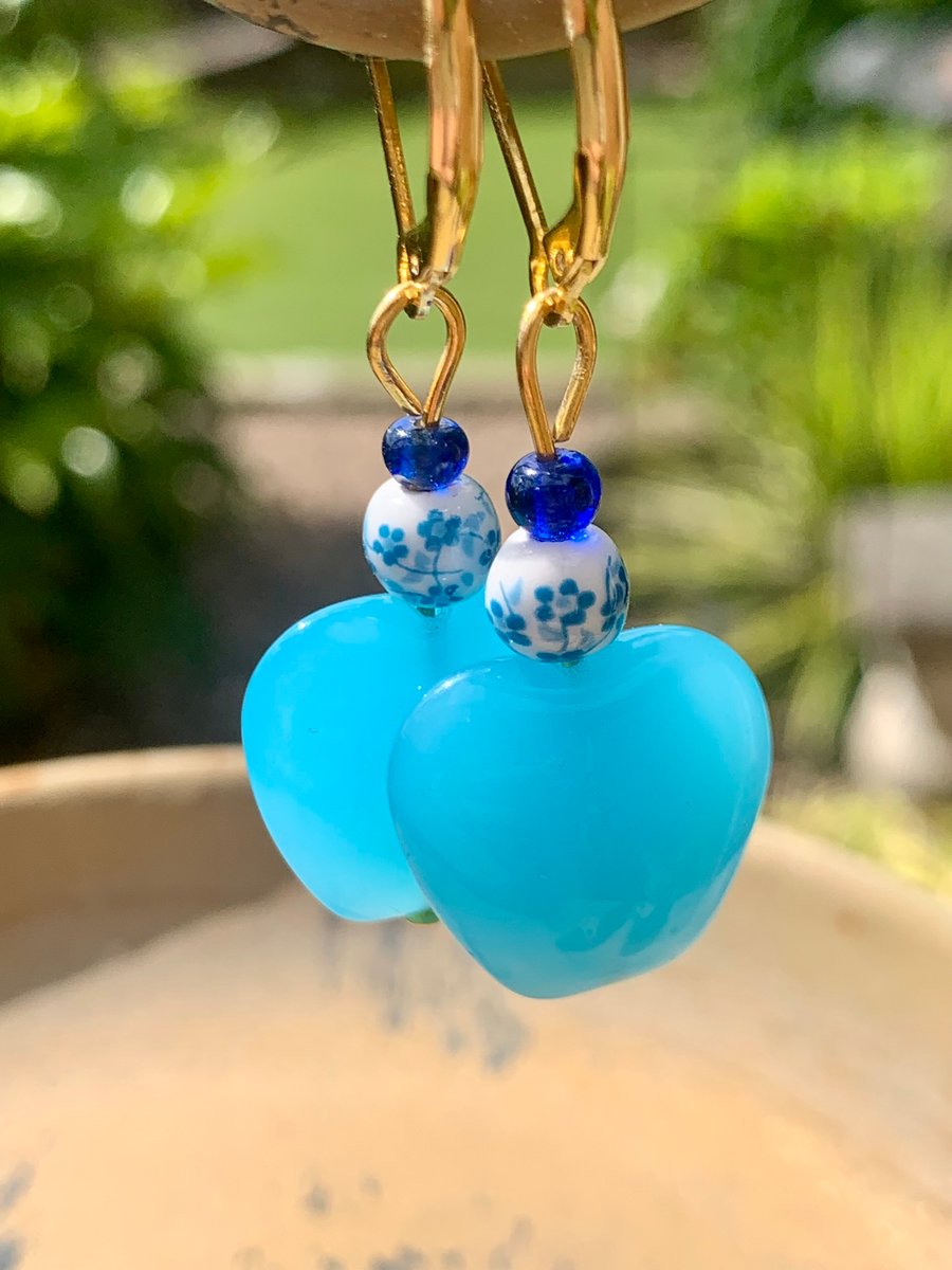 Blue Glass Heart Earrings