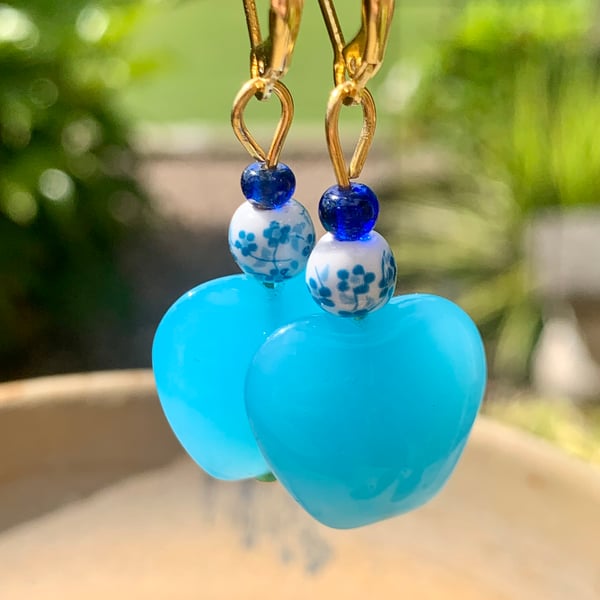 Blue Glass Heart Earrings