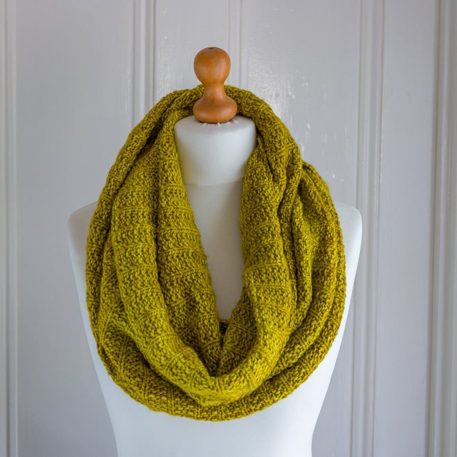 Reversible cowl or scarf in super soft pure merino wool, handknit in ochre shade