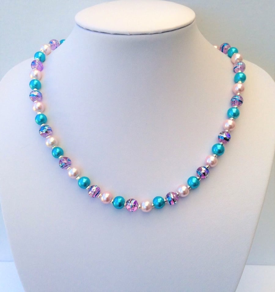 Pink, silver and turquoise glass bead necklace. 18.5"