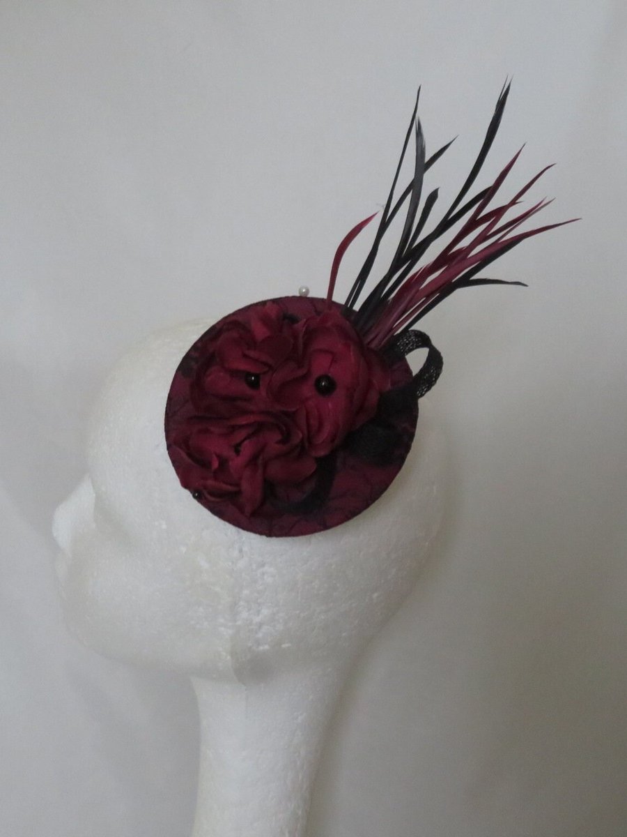 Burgundy Wine and Black Lace Flower Blossom & Feather Cocktail Hat Fascinator
