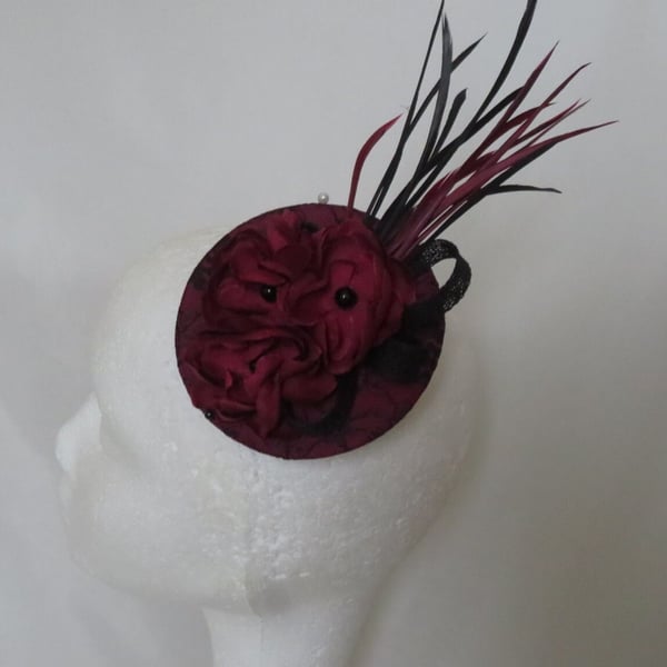 Burgundy Wine and Black Lace Flower Blossom & Feather Cocktail Hat Fascinator