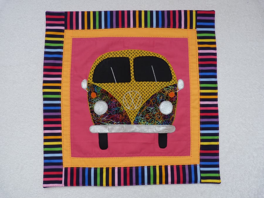 Applique VW Camper Van Cushion Cover in Pink with decorative Quilting