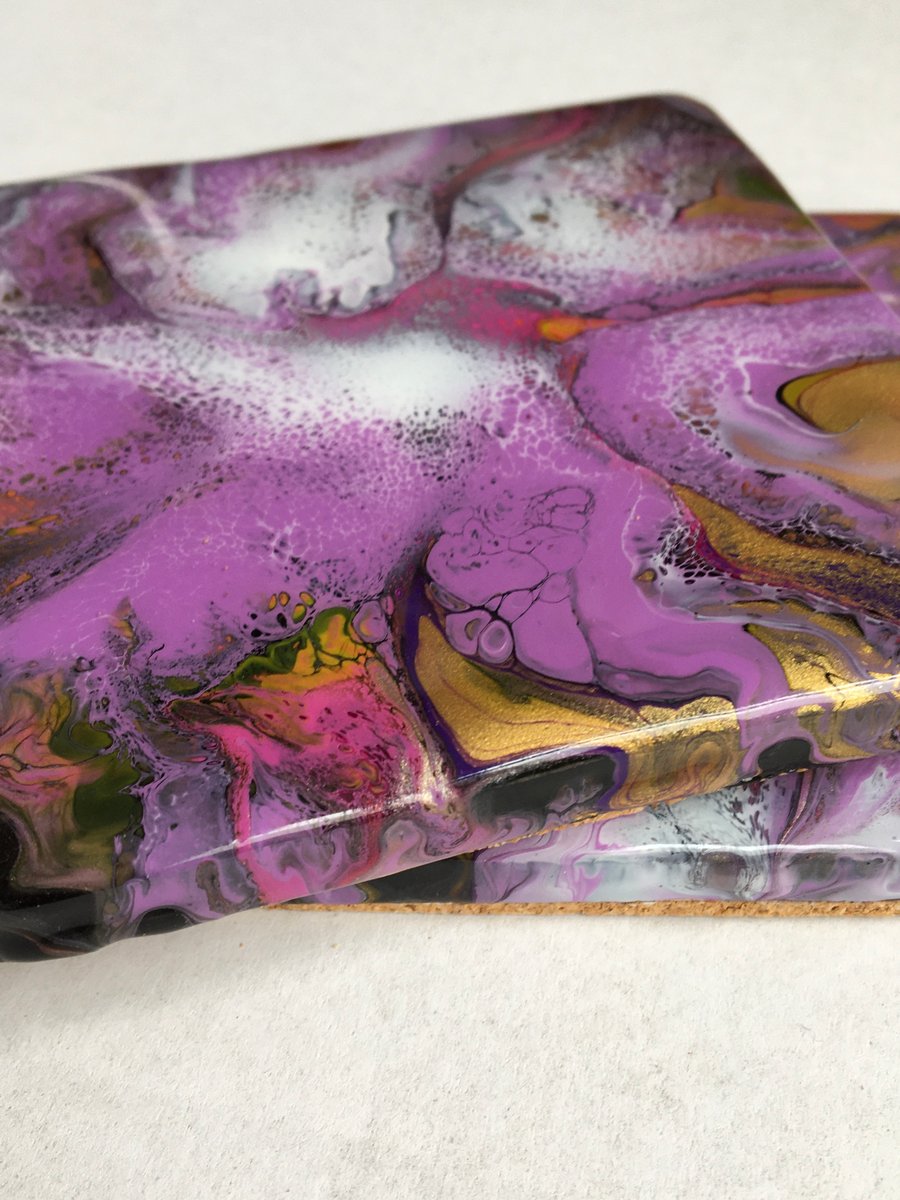 Purple abstract flower, fluid art coasters  set of 2, acrylic, resin  