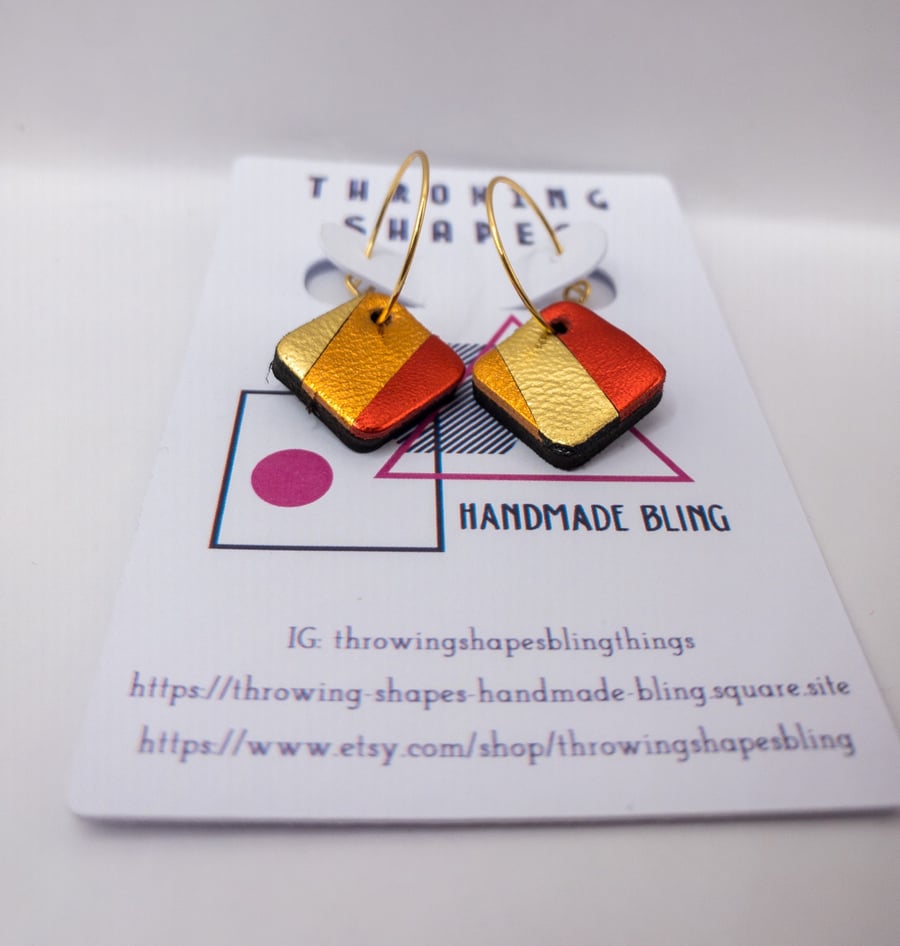 Handmade small square earrings in orange, red and gold striped leather, lightwei