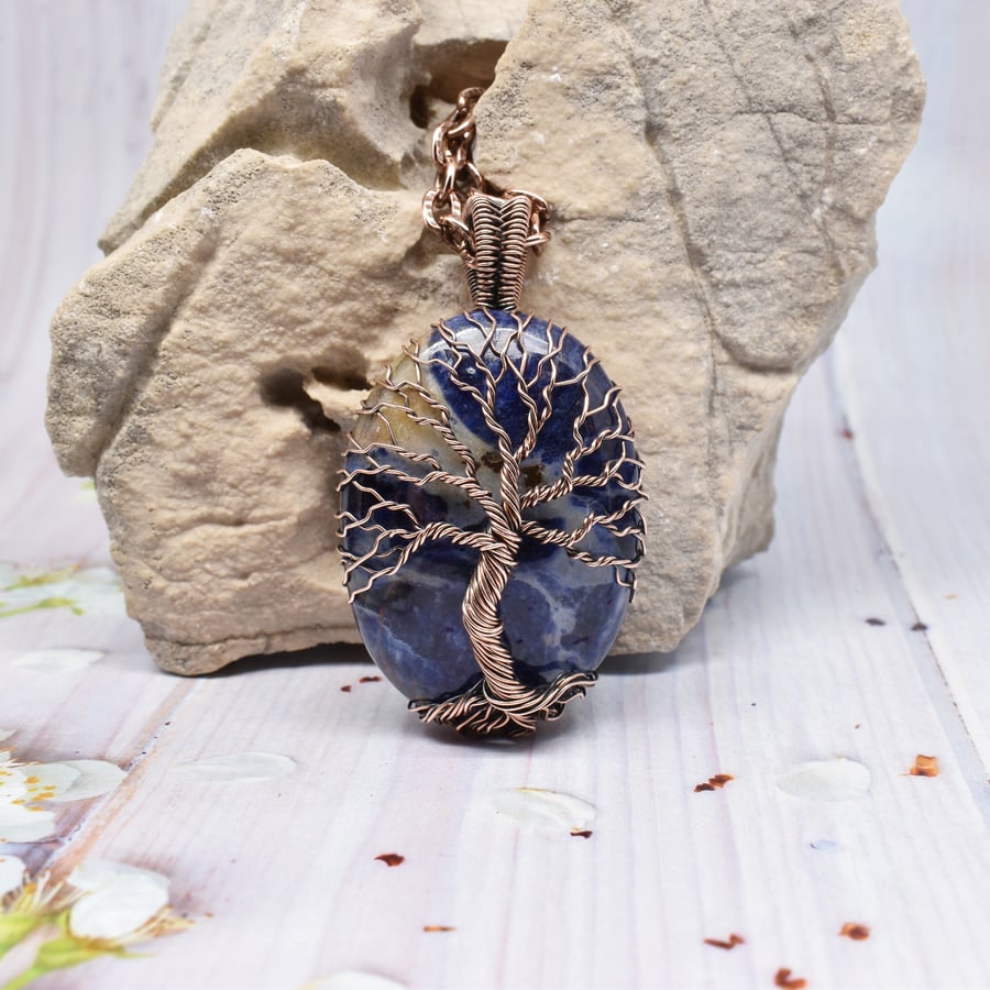 Wire Wrapped Sodalite and Copper One of a Kind Tree of Life Pendant 