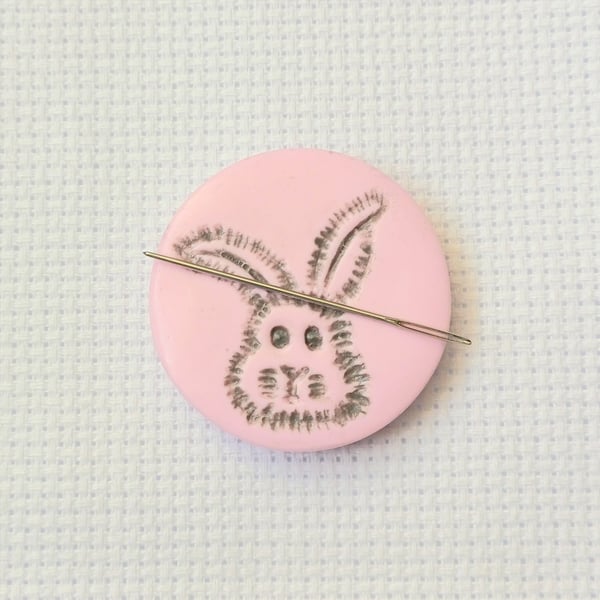 Pink Bunny Rabbit Needle Minder. Gift for cross stitcher.