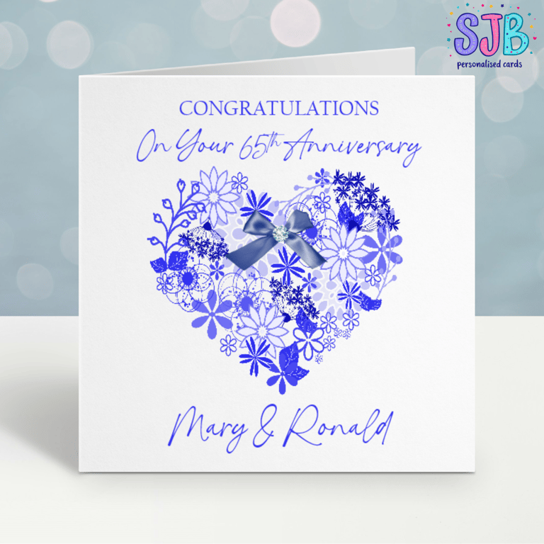 Handmade Personalised 65th Blue Sapphire Wedding Anniversary Card