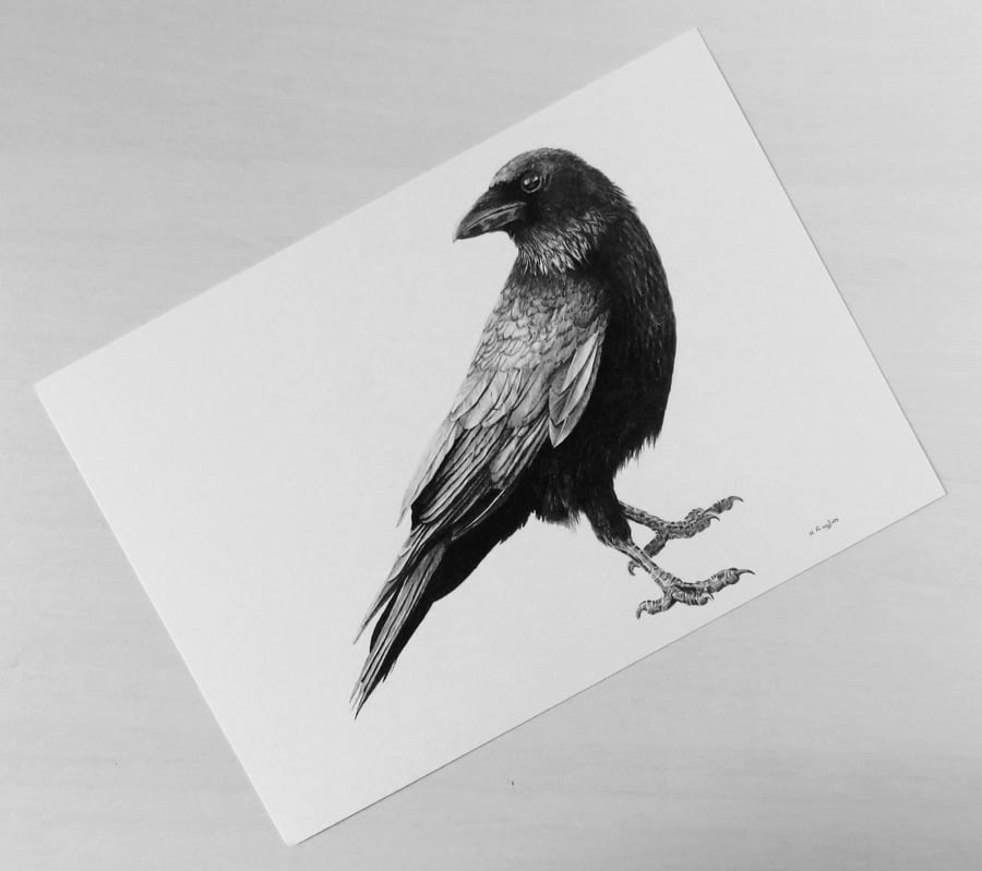 Standing crow wildlife print on white recycled card stock, A5 black and white