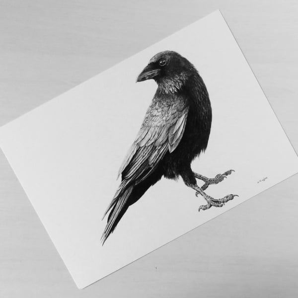 Standing crow wildlife print on white recycled card stock, A5 black and white