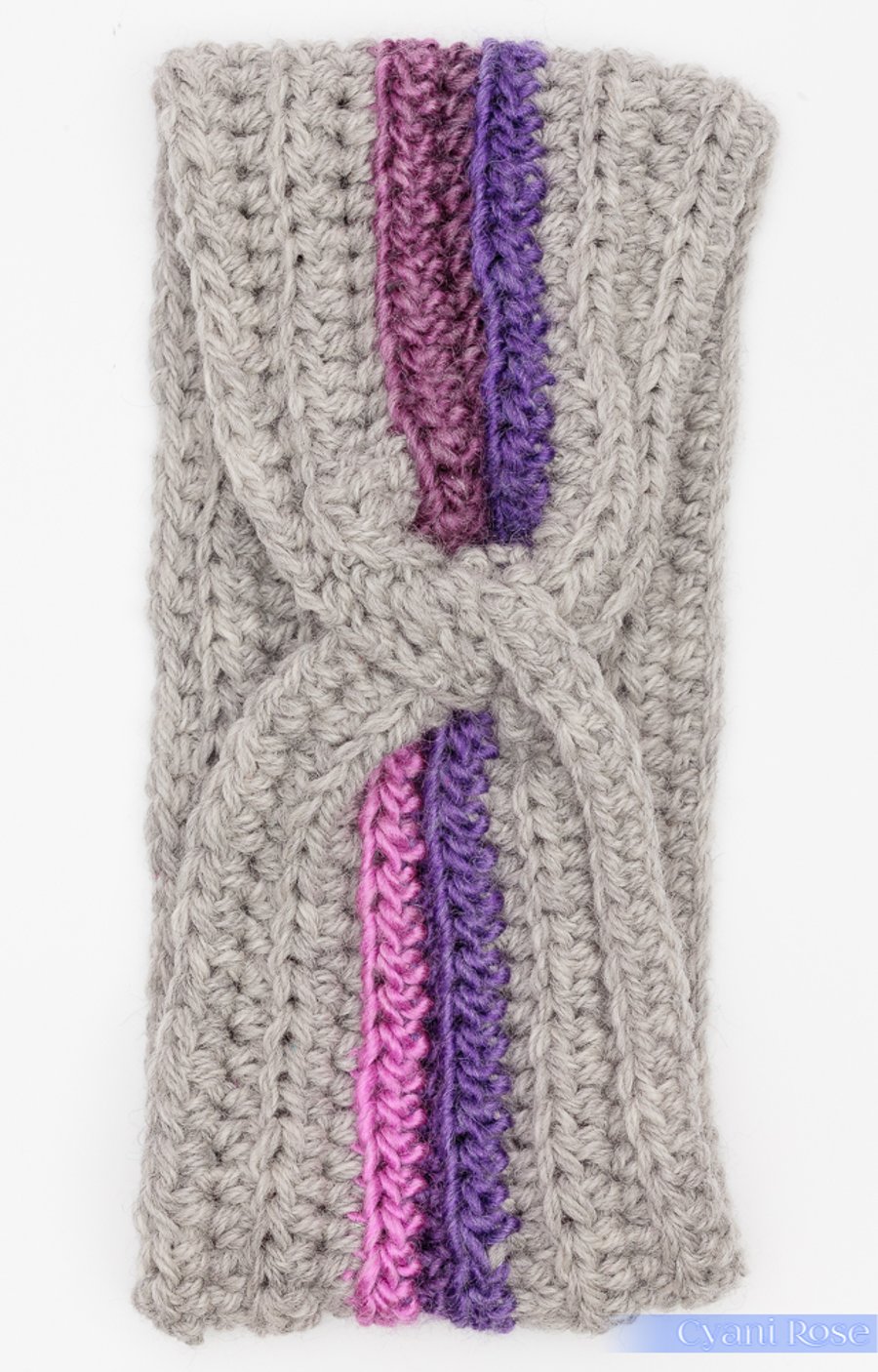 Crochet earwarmer headband chunky  grey pink purple handmade