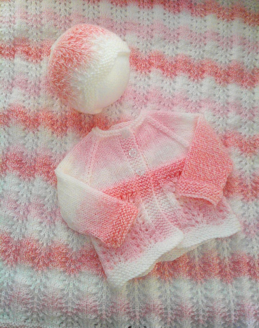 Gorgeous Hand-Knitted Set for New Baby Girl-Cardigan, Hat & Blanket-Pink & White