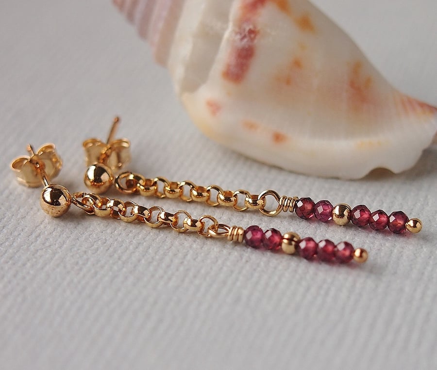 Garnet Gemstone Earrings - Gold Filled - Stud - Red