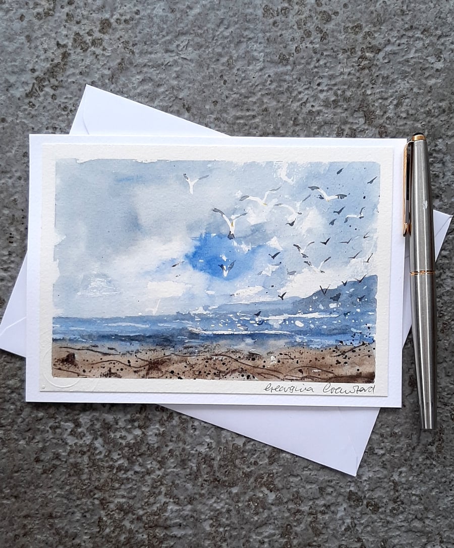Seagulls. Blank Card. Handpainted Watercolour. OOAK.