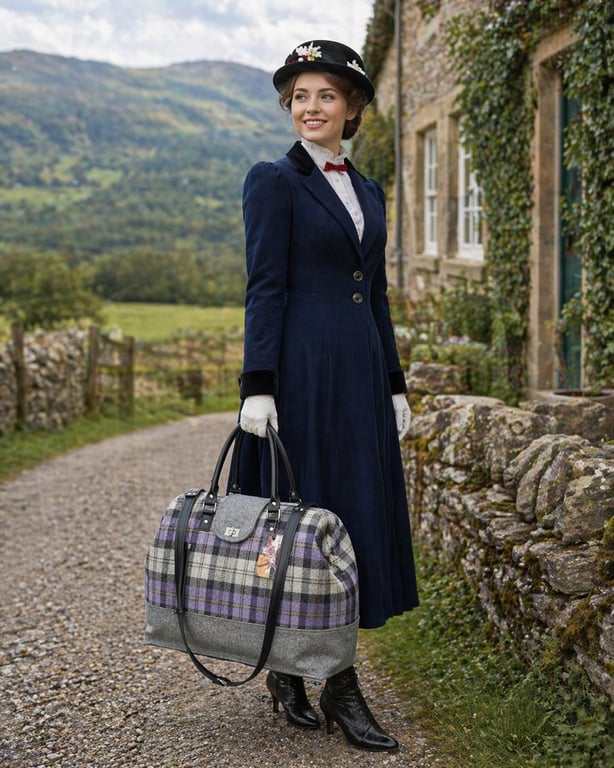 Carpet bag travel bag purple grey check wool tweed weekend bag overnight bag