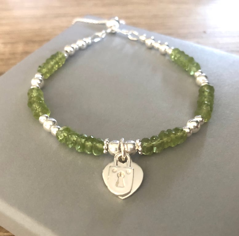 Sterling Silver Green Peridot Heart and Lock Charm Bracelet