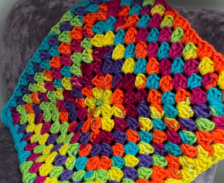 Small Crochet Knee Blanket in Bright Neon Abstract Rainbow Colours 