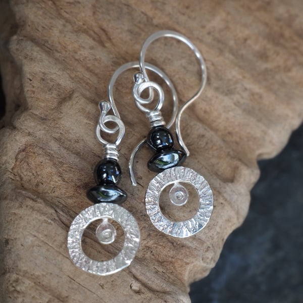 Earrings, Silver Earrings, Hematite and silver hoop earrings