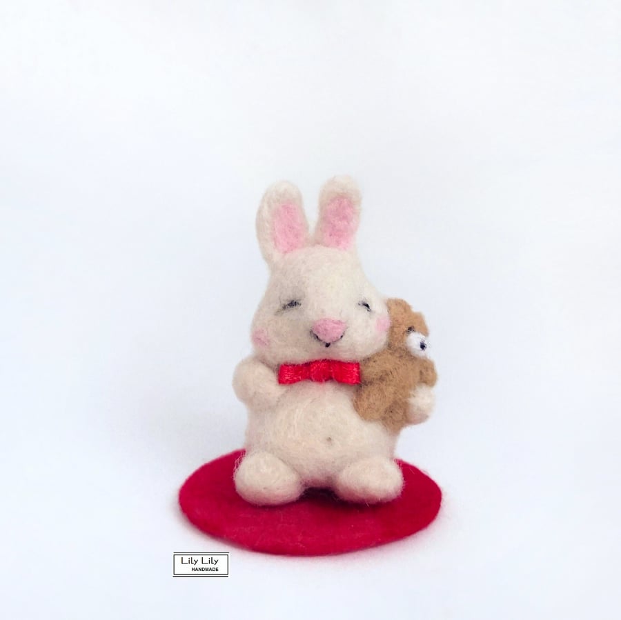 SOLD  Sleepy rabbit with teddy miniature, needle felted by Lily Lily Handmade