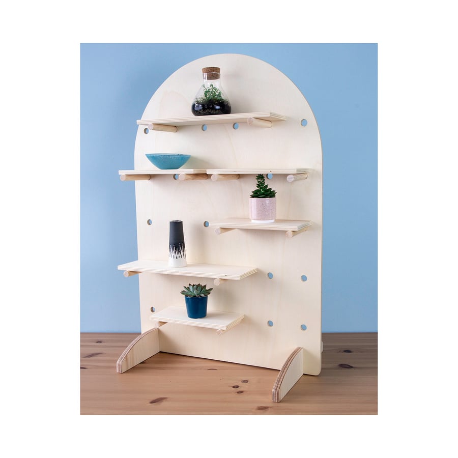Curved Table Top Pegboard with Shelving and Pegs for Crafts Fairs and Retail Mar