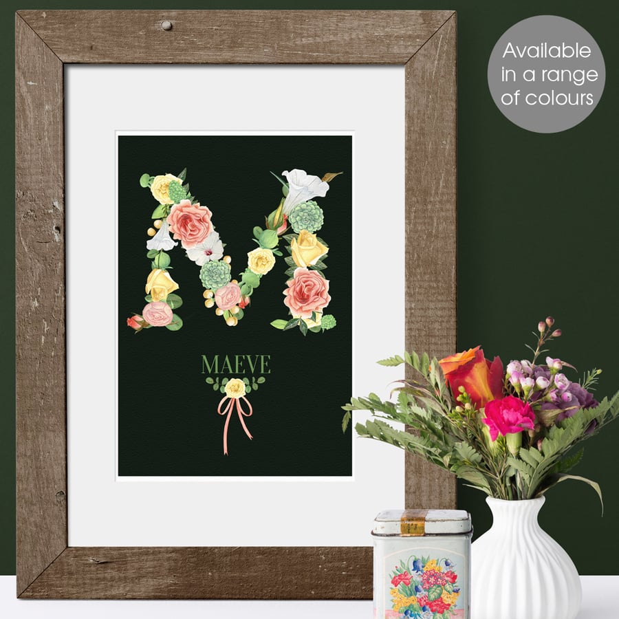 Floral Initial Personalised Print, dark botanical alphabet gift