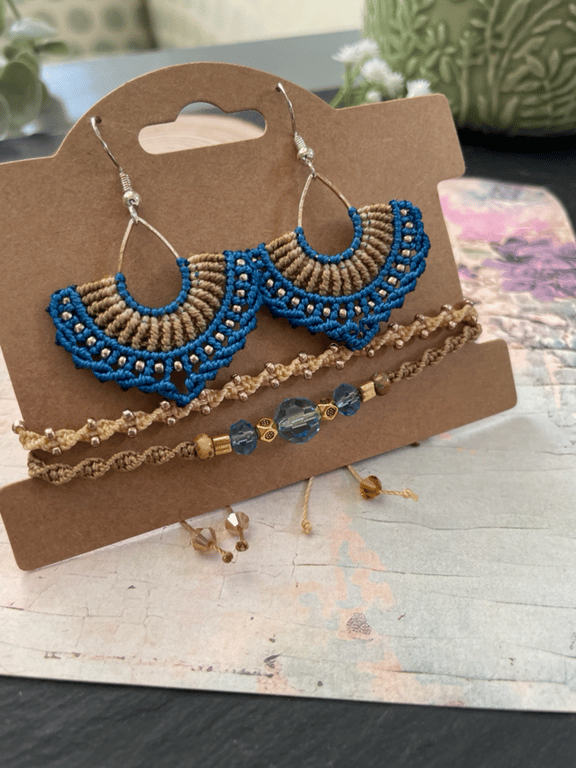 Gorgeous Boho micro macrame beaded earring and bracelet set 