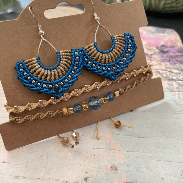 Gorgeous Boho micro macrame beaded earring and bracelet set 