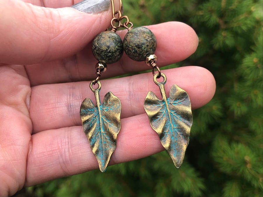 Green African Turquoise Jasper & Bronze Verdigris Leaf Boho Dangle Earrings