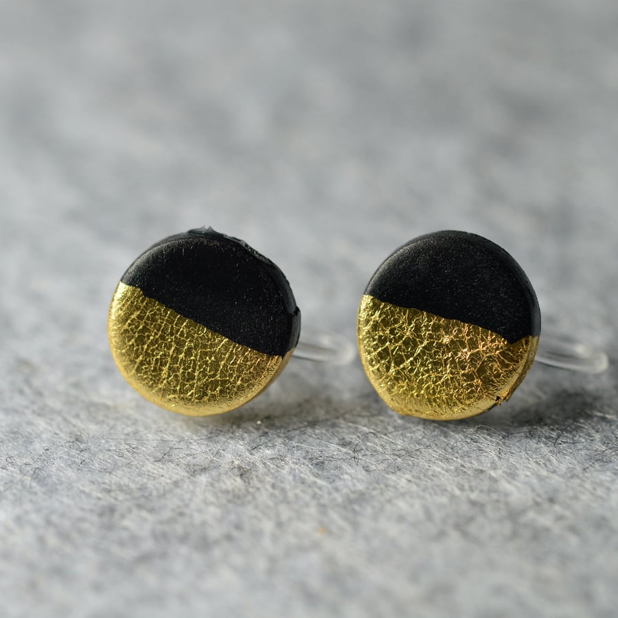 Black and Gold Polymer Clay Clip On Earrings 