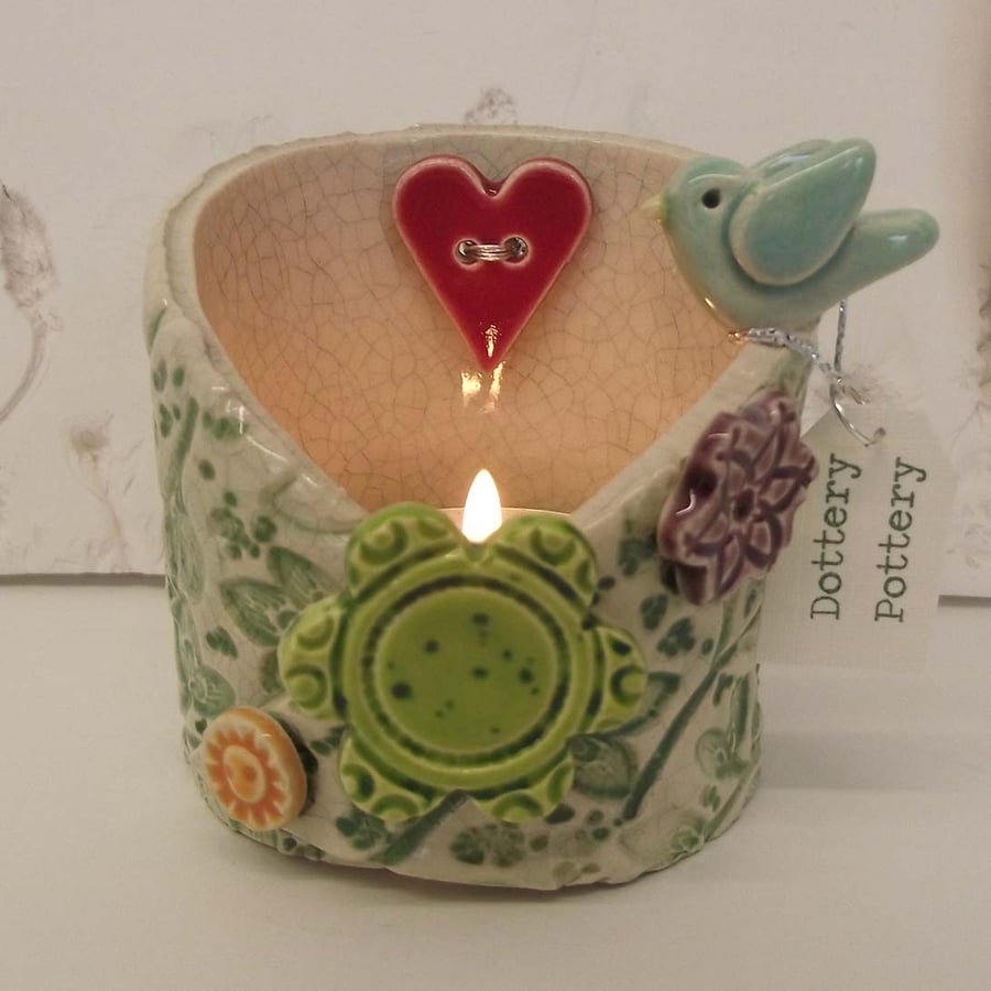 Spring flowers and bird ceramic candle holder pottery dish