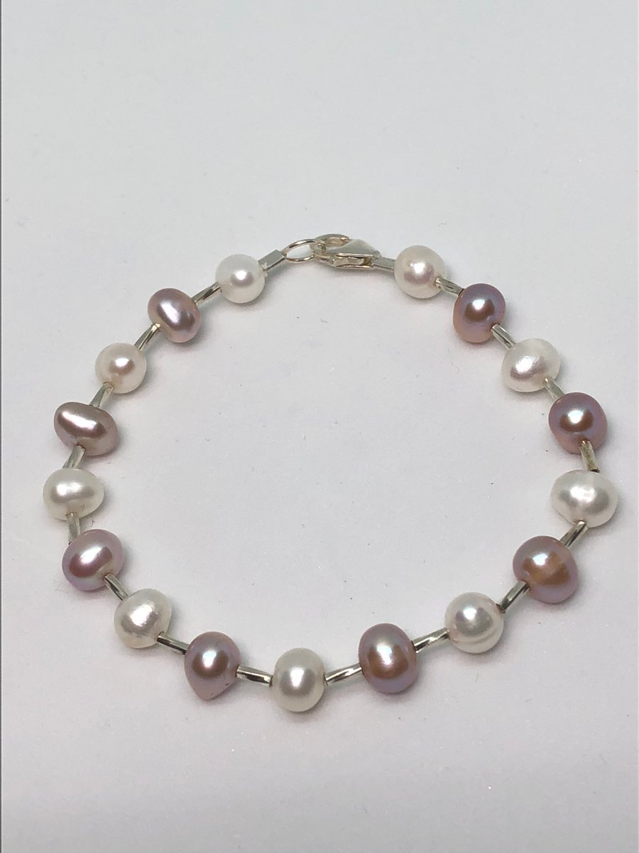 Pink and white freshwater pearl silver bracelet free UK postage 