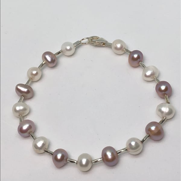 Pink and white freshwater pearl silver bracelet free UK postage 