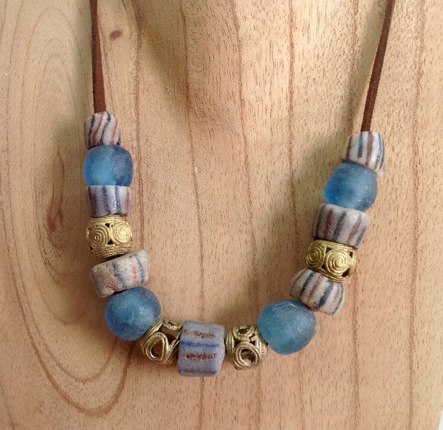 Cord necklace for men or women with African beads of recycled glass and brass