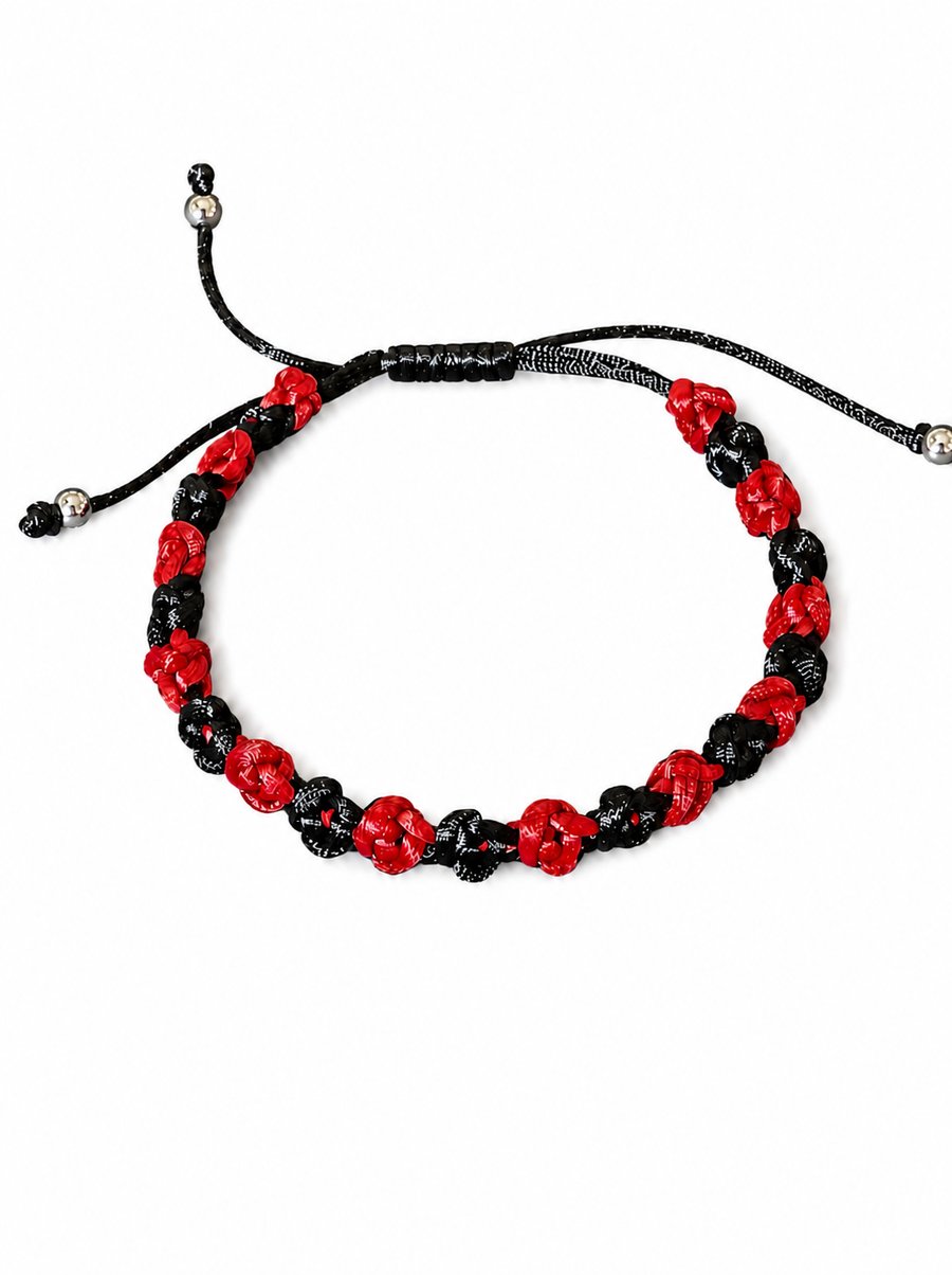 Bracelet, black and red rose buds, macrame and beads