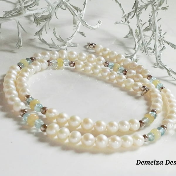 Top Grade Freshwater Pearl, Apatite & Wello Opal Sterling Silver Necklace