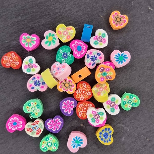 30 multi coloured Heart polymer clay beads 