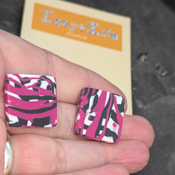 Artisan square stud earrings, yellow black and white abstract design.