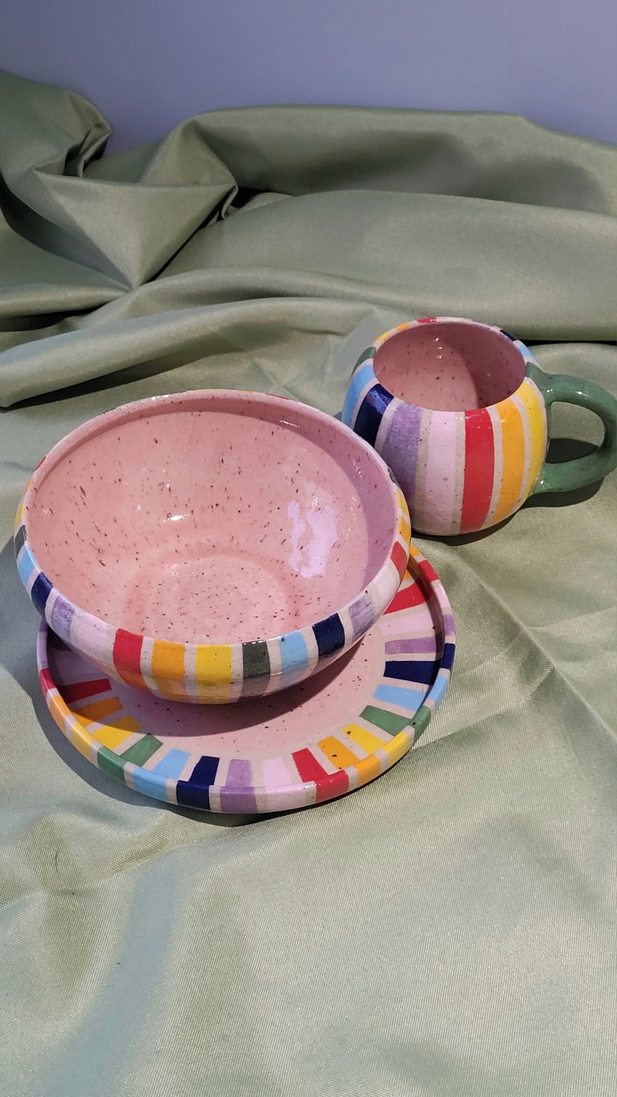 Rainbow three piece set plate, bowl and mug handmade pottery