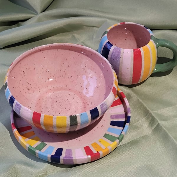 Rainbow three piece set plate, bowl and mug handmade pottery