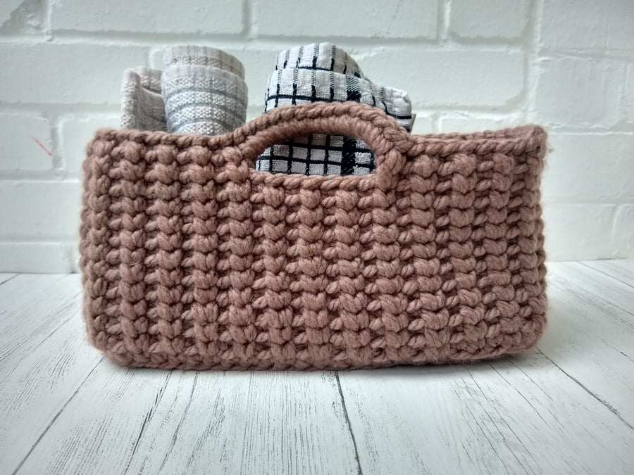 Brown storage basket, crochet basket