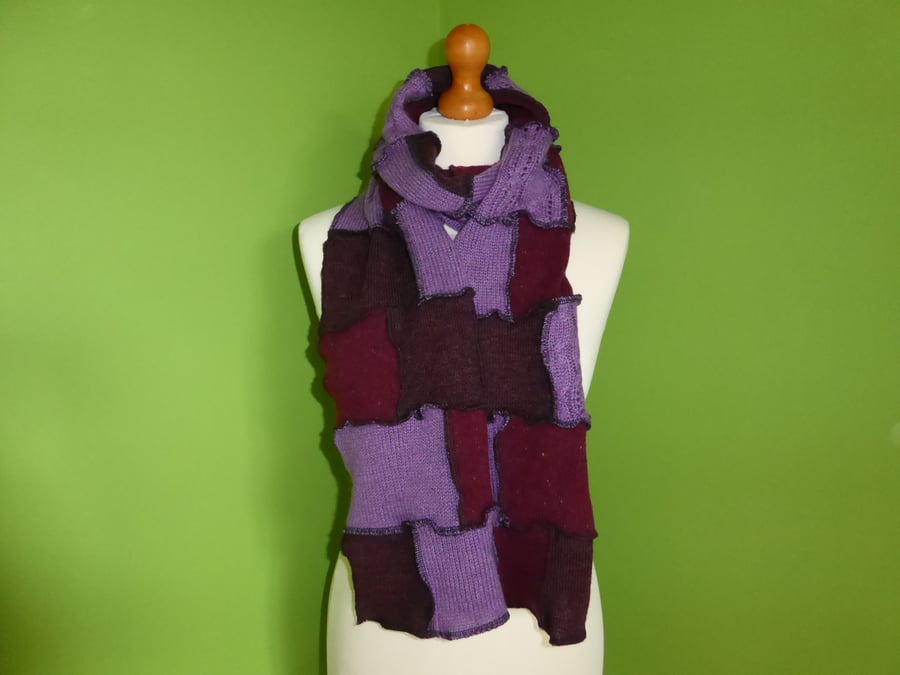 Upcycled Patchwork Wool Long Scarf in Burgundy