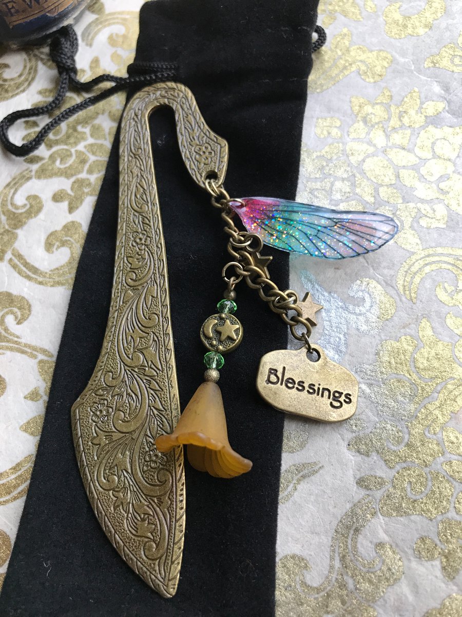 Dark Pink Fairy Blessing Fairy Wing Beaded Ornate Bookmark and Velvet Pouch