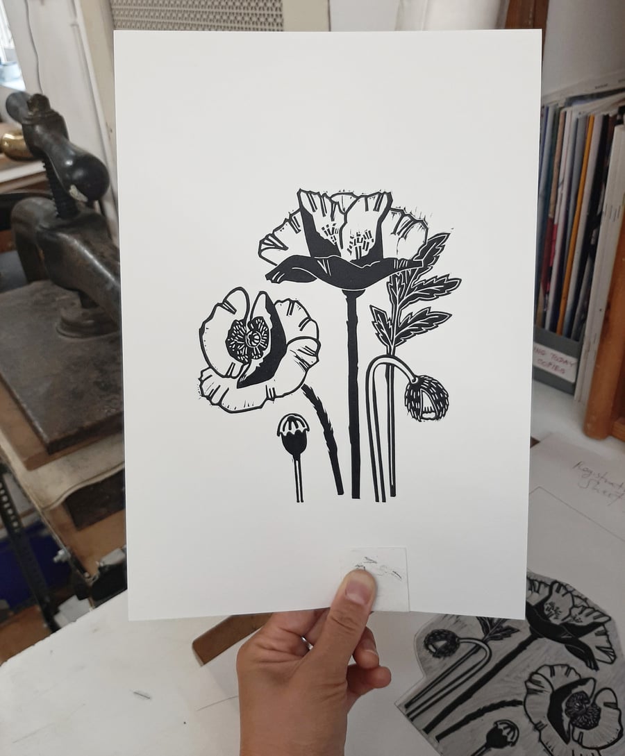 Poppies - Original Linocut A4 size 