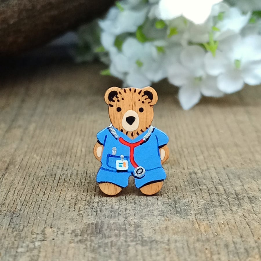 Doctor Bear Pin, Nurse Teddy Badge, Handmade Personalised Brooch, Medical Gift