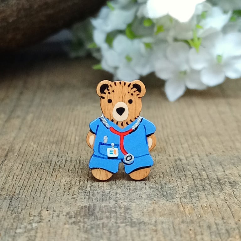Doctor Bear Pin, Nurse Teddy Badge, Handmade Personalised Brooch, Medical Gift