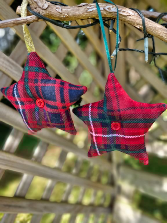 Pair of handmade red tartan fabric star baubles