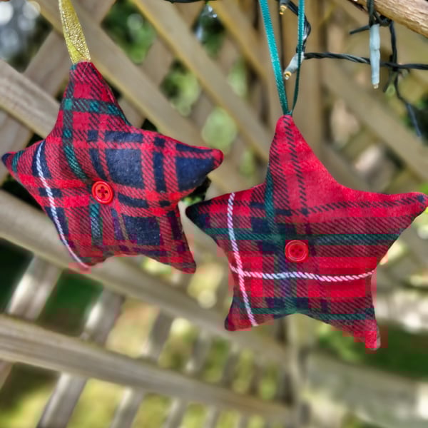 Pair of handmade red tartan fabric stars